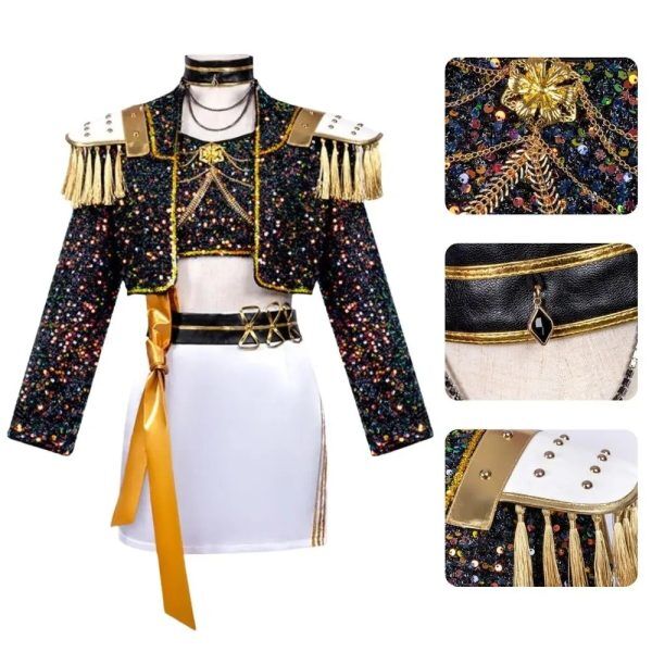 Costume Enfant Mira KPOP Demon Hunter – Tenue Dorée et Noire Scintillante avec Jupe et Épaulettes Costume Enfant Mira KPOP Demon Hunter – Tenue Dorée et Noire Scintillante avec Jupe et Épaulettes