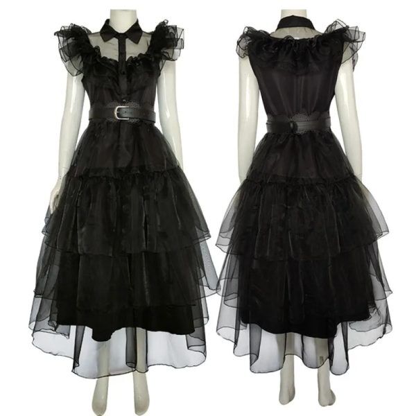 Costume Cosplay Wednesday Addams – Robe Gothique Noire Volants & Ceinture