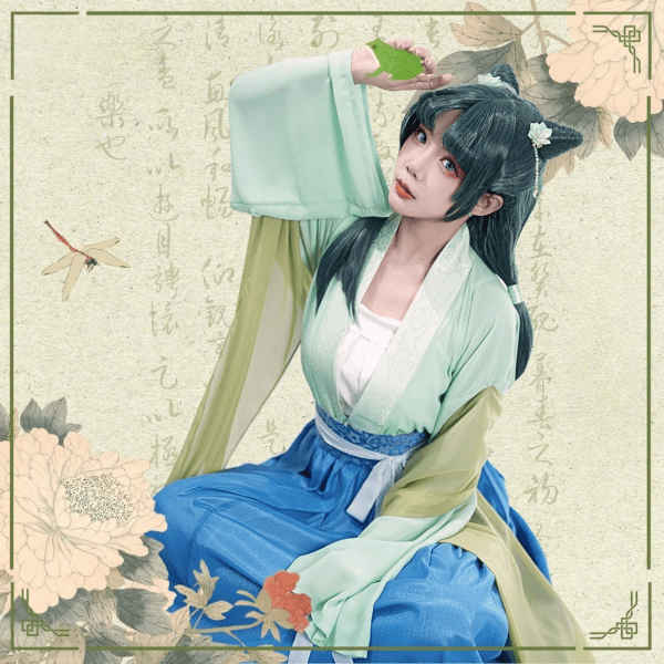 Cosplay Maomao L’Apothicaire Diaries – Tenue Hanfu Verte & Bleue avec Accessoires Complets