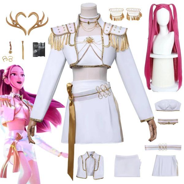 Cosplay KPOP Demon Hunter Mira – Uniforme Blanc Officiel avec Perruque Rose | Tenue Complète Femme