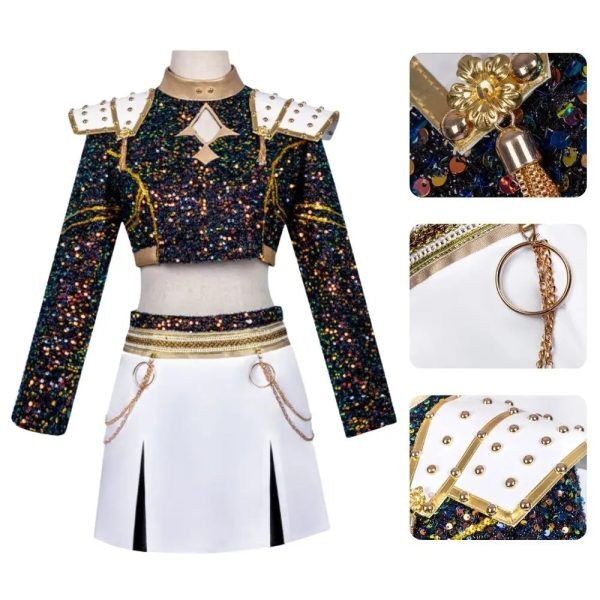 Costume Enfant Zoey KPOP Demon Hunter – Tenue Noire et Or Scintillante avec Jupe et Épaulettes Dorées