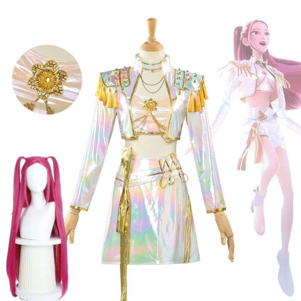 Cosplay KPOP Demon Hunter Mira – Tenue Blanche Réfléchissante avec Perruque Rose | Costume de Performance Complet